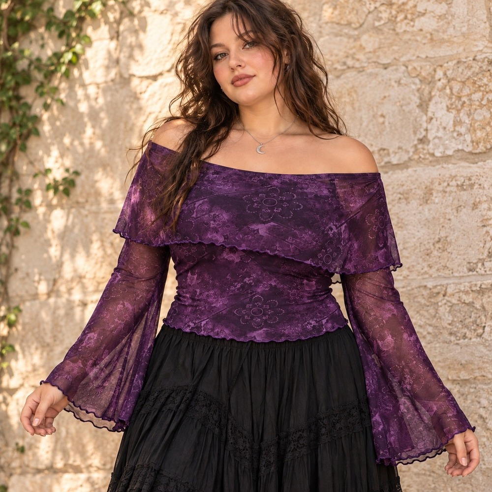 ROMWE XL Purple Celestial Mesh Off Shoulder Top Whimsigoth Bell Sleeve Y2K